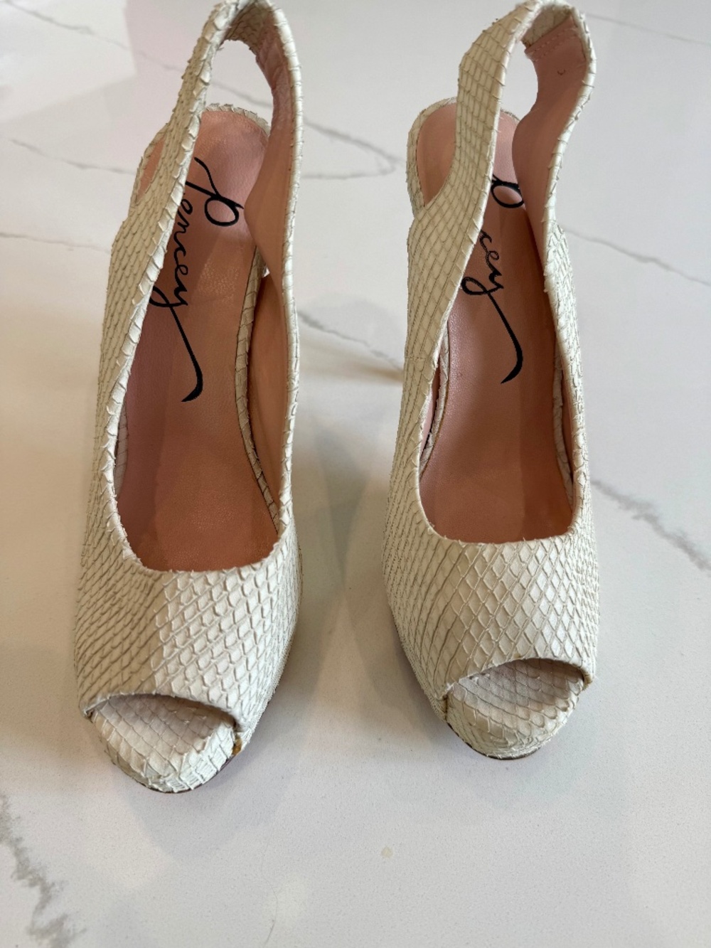 Pencey sling back platform heels in off white, size 6.5